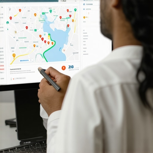 Advanced Local SEO Data Analysis SEO strategist analyzing local maps and community engagement metrics on a digital dashboard.