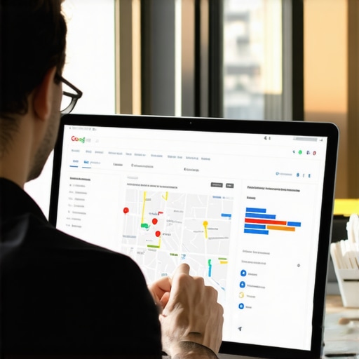 Professional examining map analytics and data insights on a computer for local SEO.