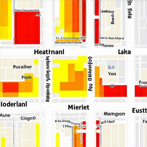City map with heatmap overlay showing areas with high customer engagement
