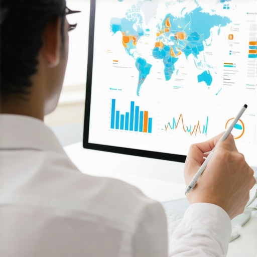 Business professional reviewing map analytics data on a computer