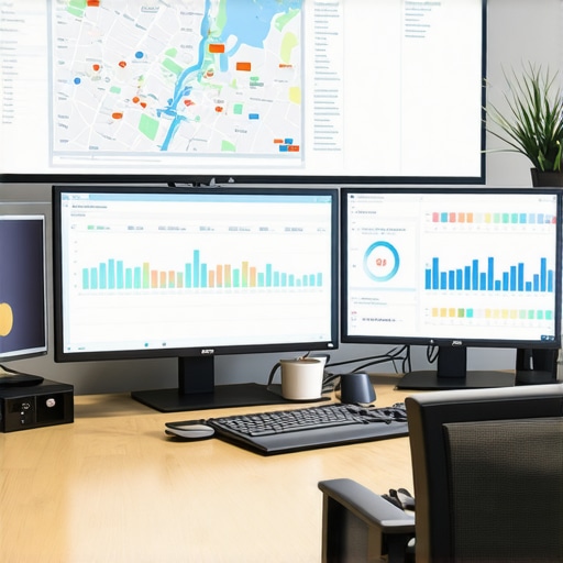 Dashboard of Map Analytics and SEO Tools A workspace with screens showing local SEO analytics, maps, and performance metrics.