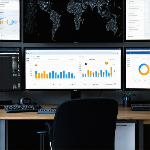 Google Maps Analytics Dashboard Setup A workspace with screens displaying Google Maps analytics and local SEO performance data.