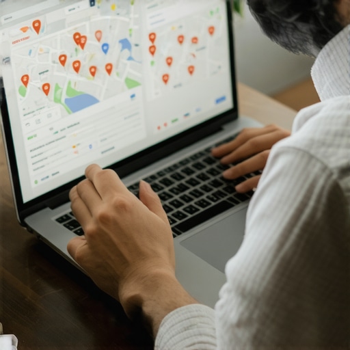 Person managing local SEO data analytics on a laptop, emphasizing maintenance and tools.