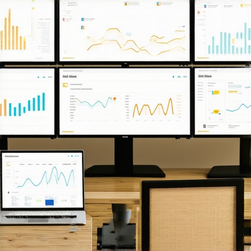 A workspace with screens showing analytics dashboards and map performance metrics.
