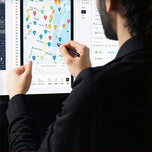 Person analyzing maps analytics data on a digital dashboard.