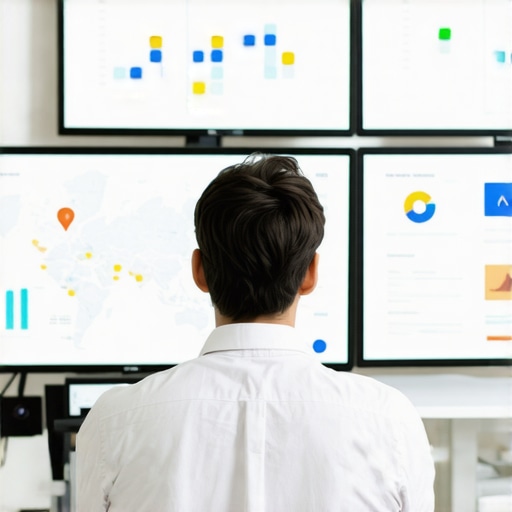 Person reviewing digital maps and data analytics on multiple screens for local SEO improvements.