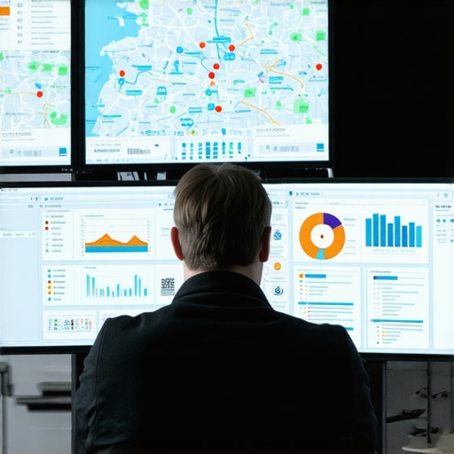 Person reviewing analytics dashboards on multiple screens with maps and data charts