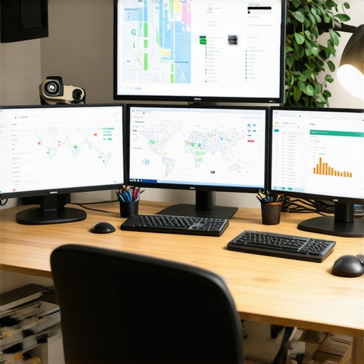 Harnessing Data for Local SEO Success A workspace with data analytics and maps on screens demonstrating local business optimization.