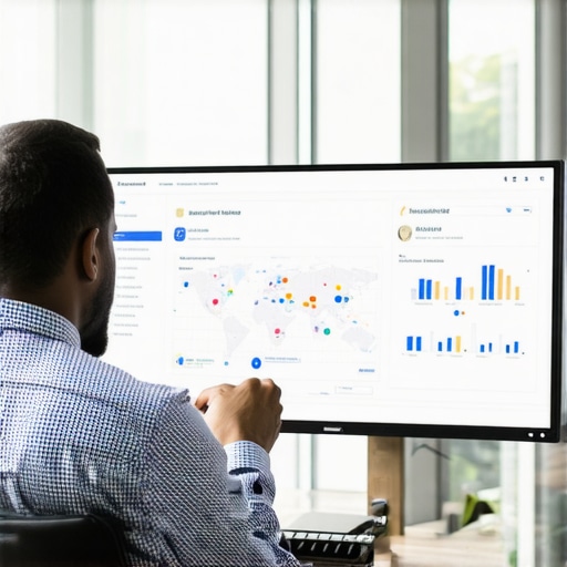 A business owner reviewing detailed map analytics data on a computer screen for local SEO improvement.