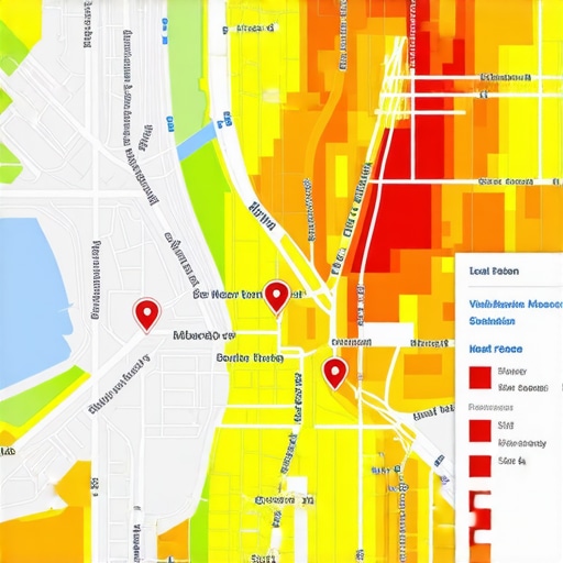 A heat map analytics dashboard highlighting high-traffic zones around a local business location.