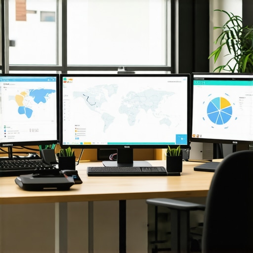 Modern workspace with maps analytics dashboards on screens for local SEO management