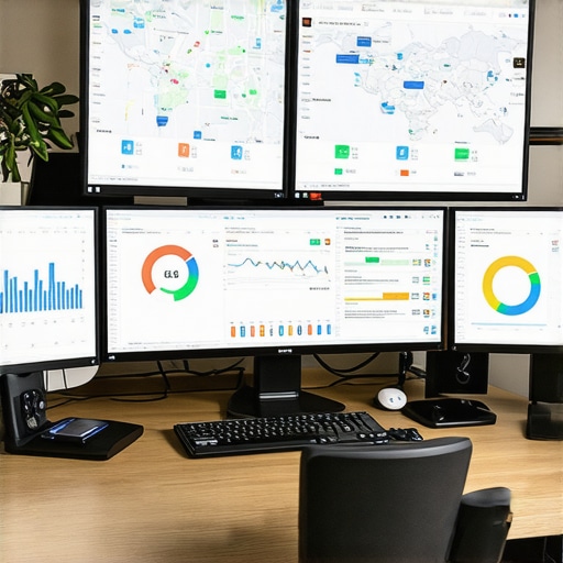 Advanced Maps Analytics Workspace A modern workspace with screens showing maps data analysis and SEO metrics.