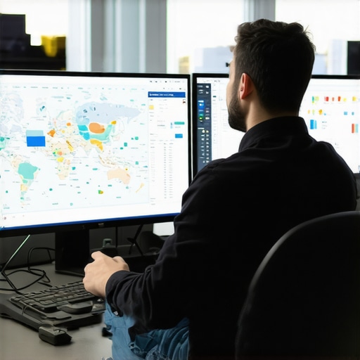 Person studying local map analytics on computer monitors