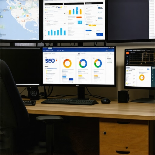 A detailed view of local SEO analytics on computer screens, illustrating rankings, traffic, and competitor analysis.