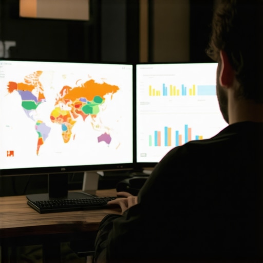 An analyst reviewing local maps analytics on computer screens with SEO tools