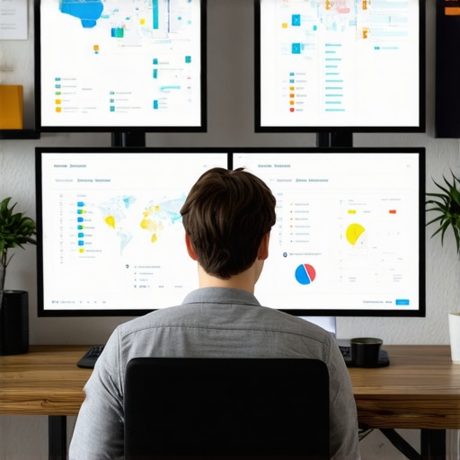 Person analyzing maps analytics dashboards on multiple monitors using code and data charts