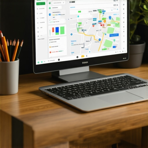 Workspace with computers and analytics dashboards for local SEO