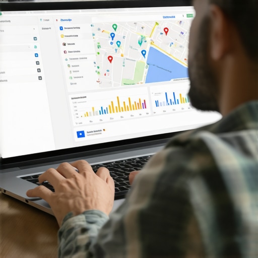 Business owner reviewing local map data and performance metrics on laptop